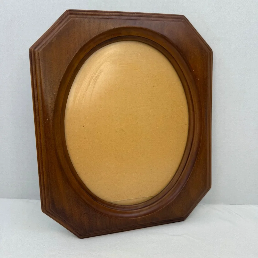 Vintage Octagon Wood Picture Frame Oval Opening Brown Wall Decor 9.5x12.5